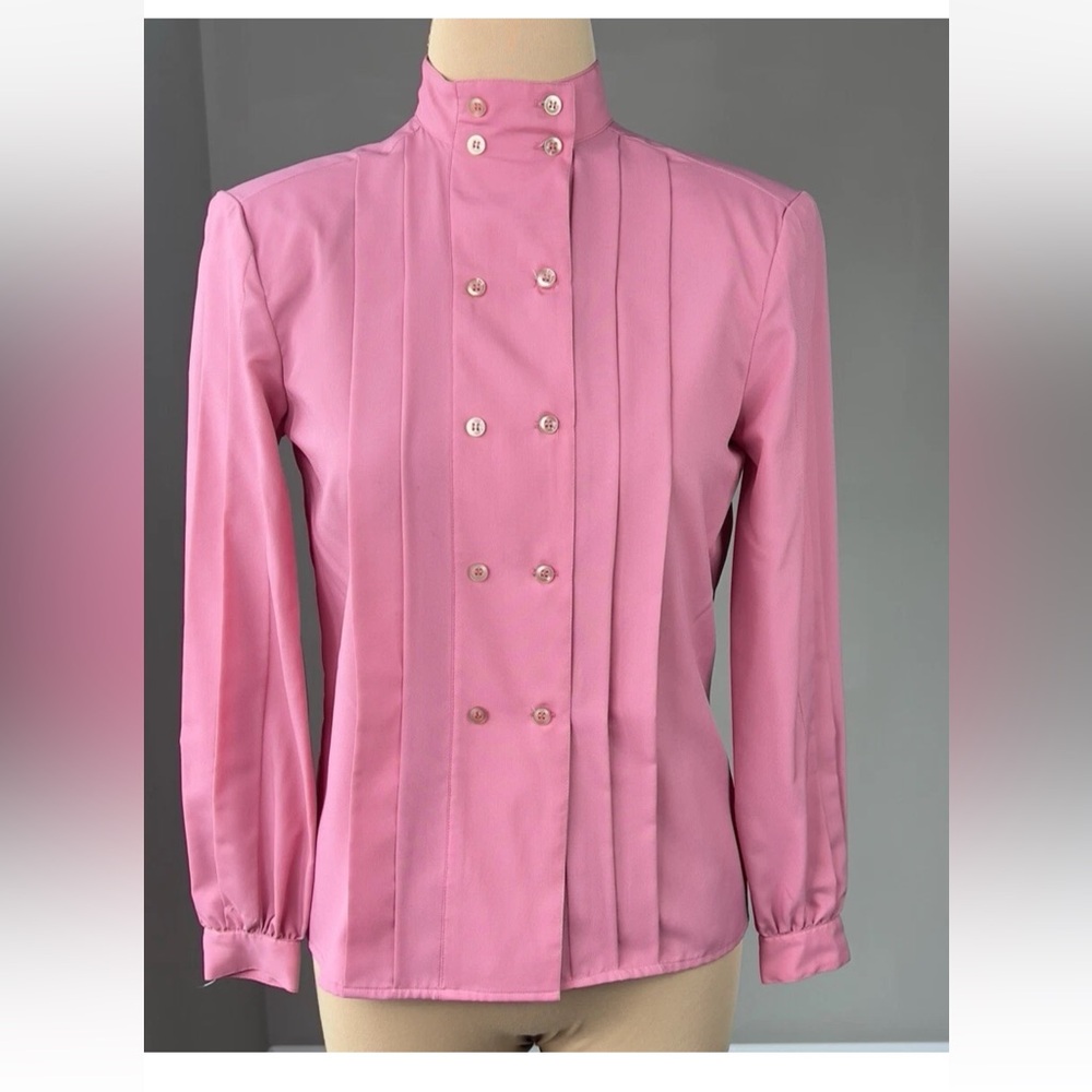 Vintage Lady Manhattan Pink Pleated High Neck Balloon Sleeve Secretary Top S
